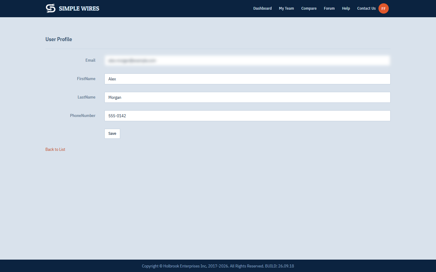 The User Profile form for a demo account