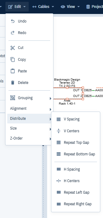 The Edit menu with the Distribute submenu open, showing V Spacing, V Centers, Repeat Top Gap, Repeat Bottom Gap, H Spacing, H Centers, Repeat Left Gap and Repeat Right Gap