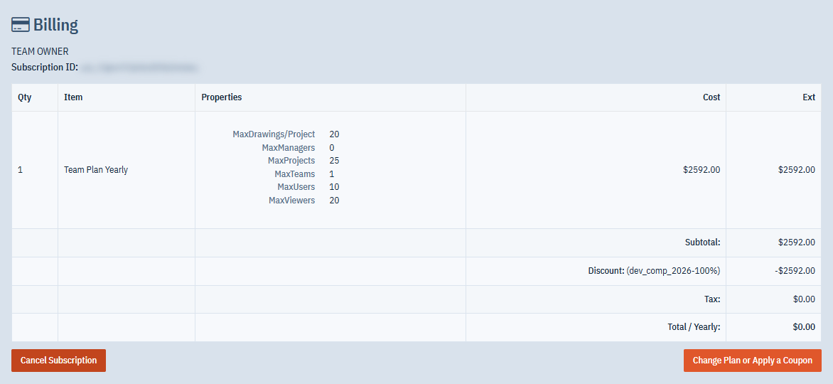 The Billing page subscription table for a demo Team plan with one add-on