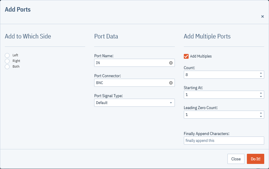 The Add Ports dialog with Both sides chosen and Add Multiples filled in