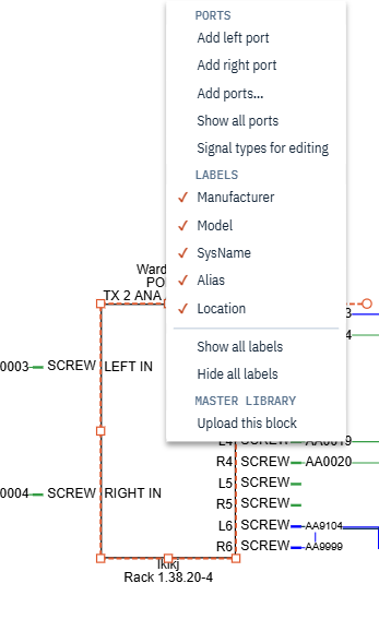 The block context menu with its Ports, Labels and Master Library headings and ticked labels