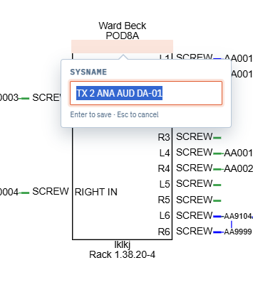 The text editing card open under a block's SysName, with the label outlined on the drawing