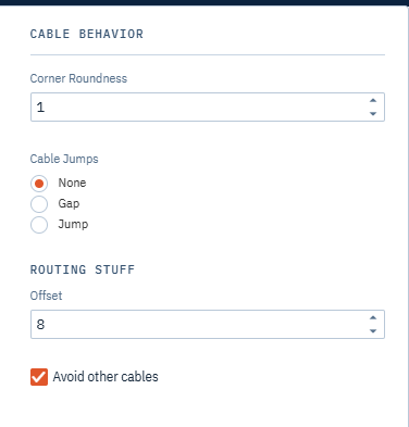 The Settings menu with the Cable Behavior column showing Corner Roundness, Cable Jumps, Offset and Avoid other cables