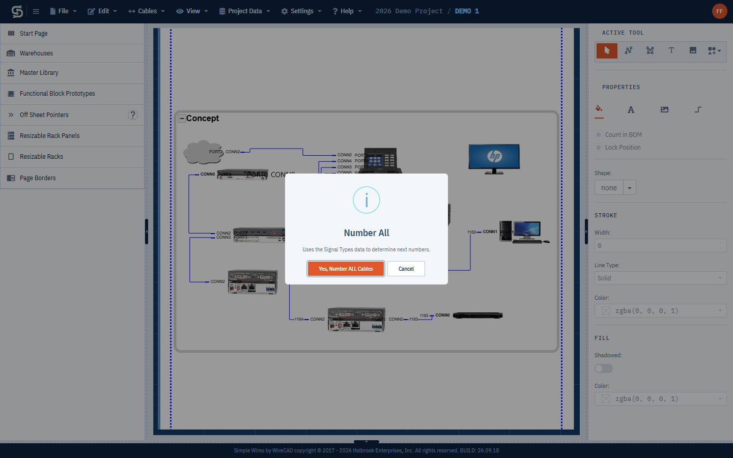 The Number All confirmation dialog opened from the Cables menu