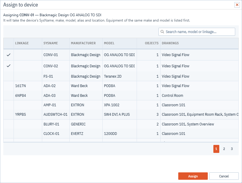 The Assign to device dialog listing devices, with same make and model devices ticked at the top