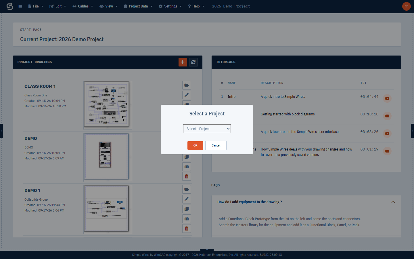 The Select a Project dialog listing the user's projects