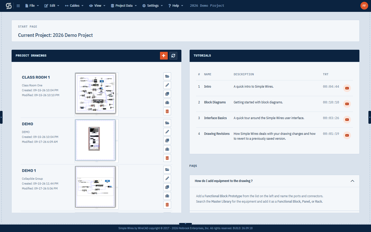 The Start Page with the Project Drawings list on the left and Tutorials and FAQs on the right