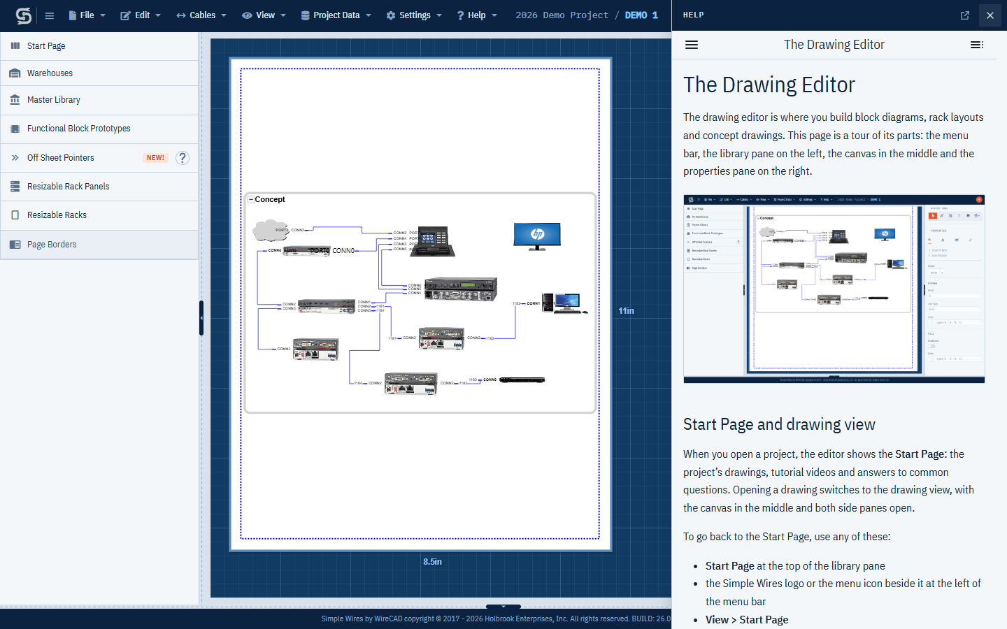 The Help panel open beside the drawing editor after pressing F1