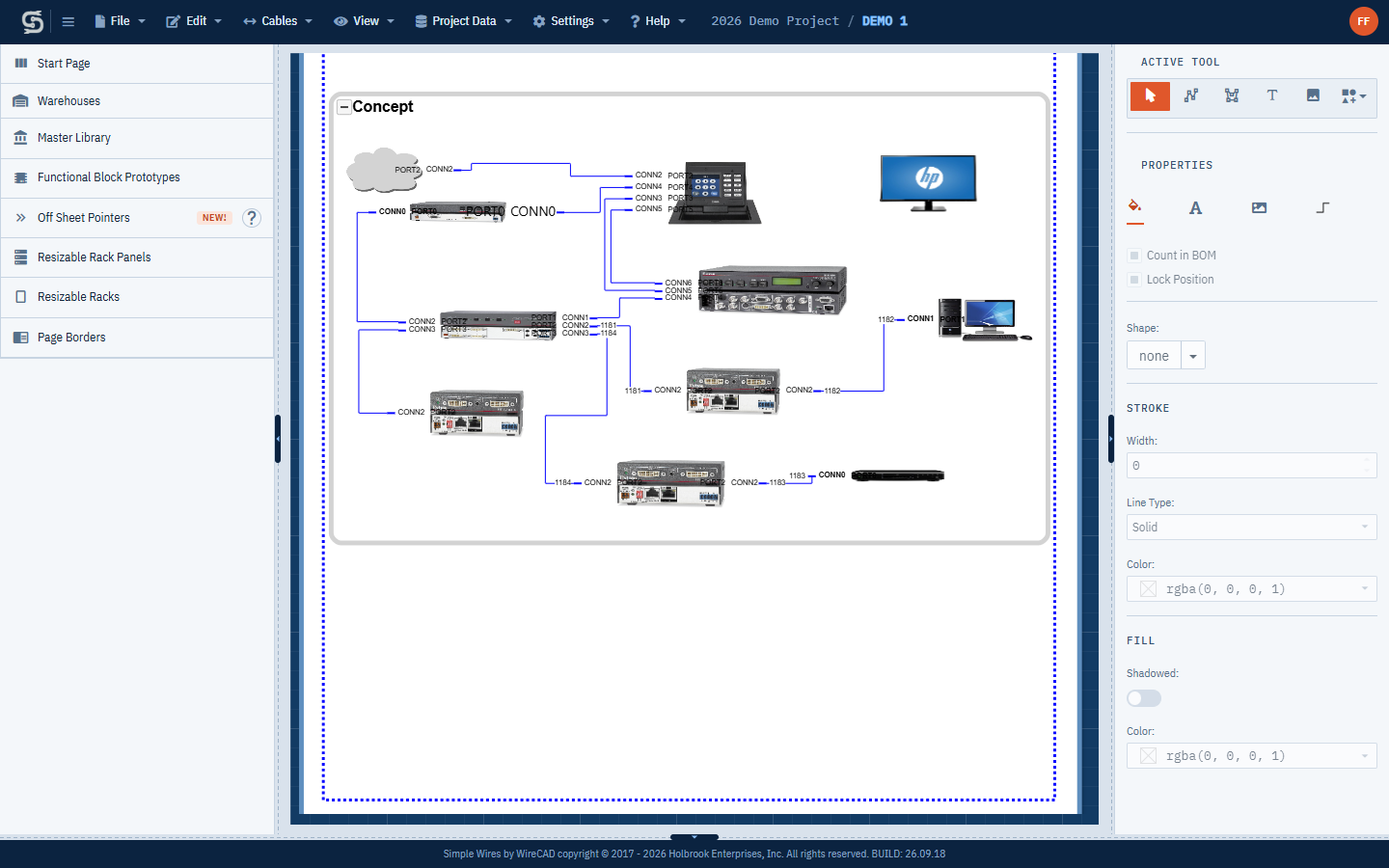 The drawing editor with the library pane, the canvas and the properties pane open
