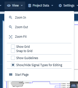 The View menu with the grid, snap and guideline switches