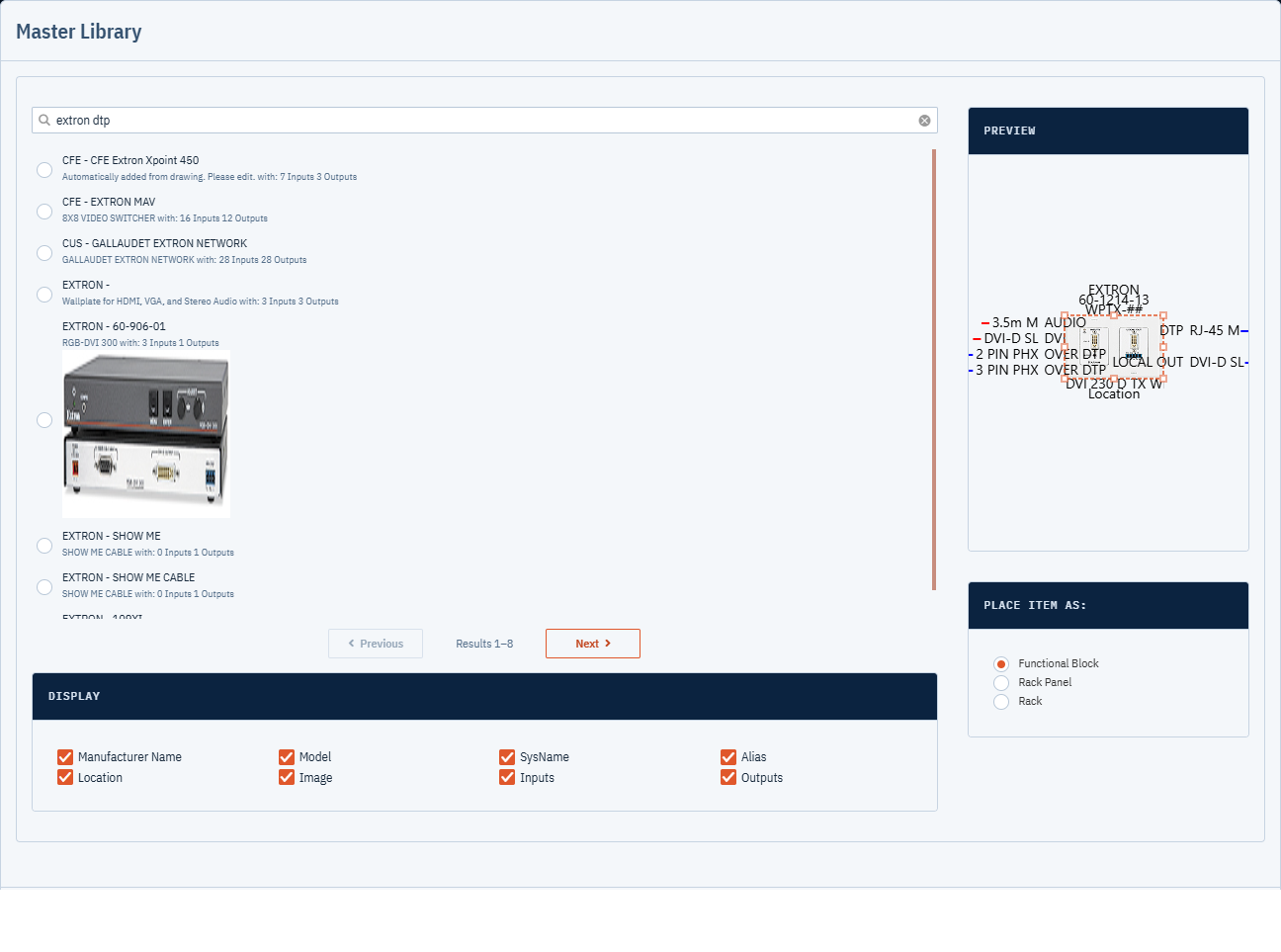 The Master Library dialog with search results, the Preview panel and the Place Item As options