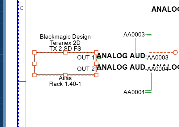 A functional block placed from the Master Library, selected on the canvas with its ports and SysName ending in -##