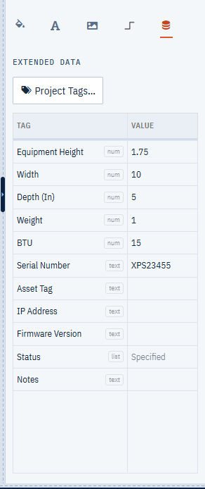 The Extended Data tab showing tag rows with type badges and values for a selected block