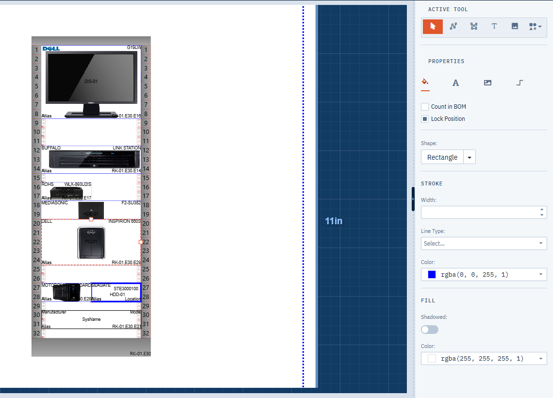 A selected rack panel with the Count in BOM checkbox turned on in the property window