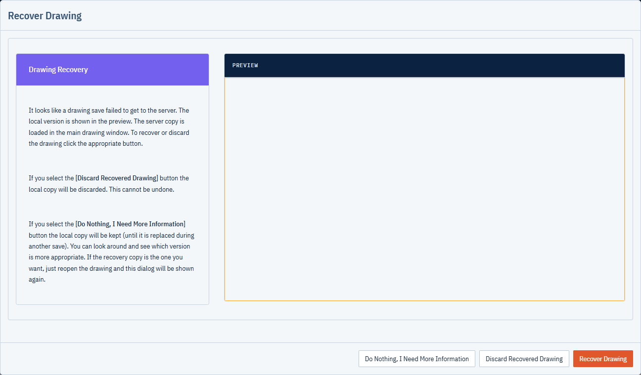 The Recover Drawing dialog with the local copy in the preview and the Recover, Discard and Do Nothing buttons