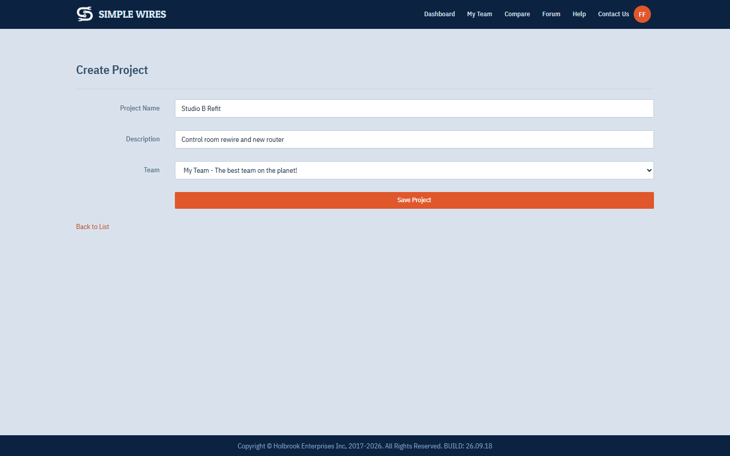 The Create Project form with a project name and description filled in
