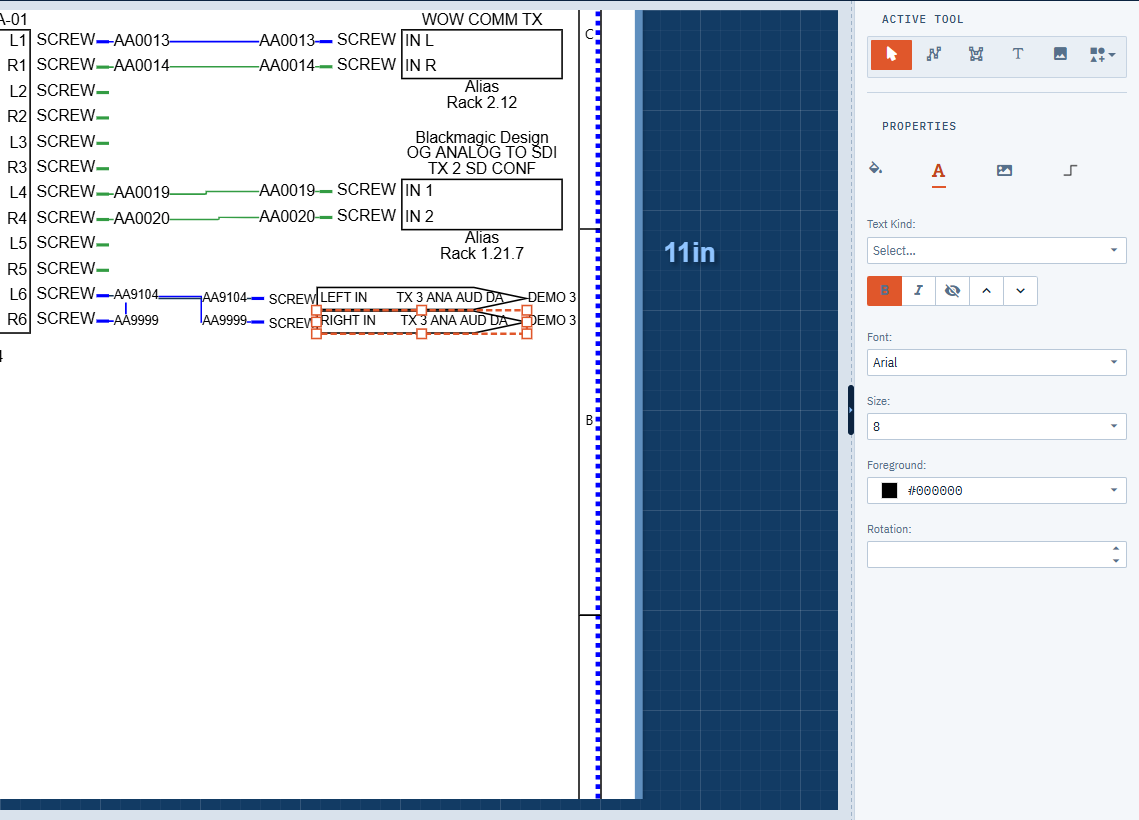 A selected pointer with the Text tab open and Text Kind set to Drawing Name