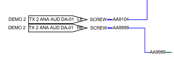 The destination drawing: an Off Left pointer feeding an input port, naming the equipment, port and drawing it came from