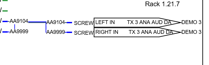 The source drawing: a cable from an output port into an Off Right pointer, which names the equipment, port and drawing at the other end