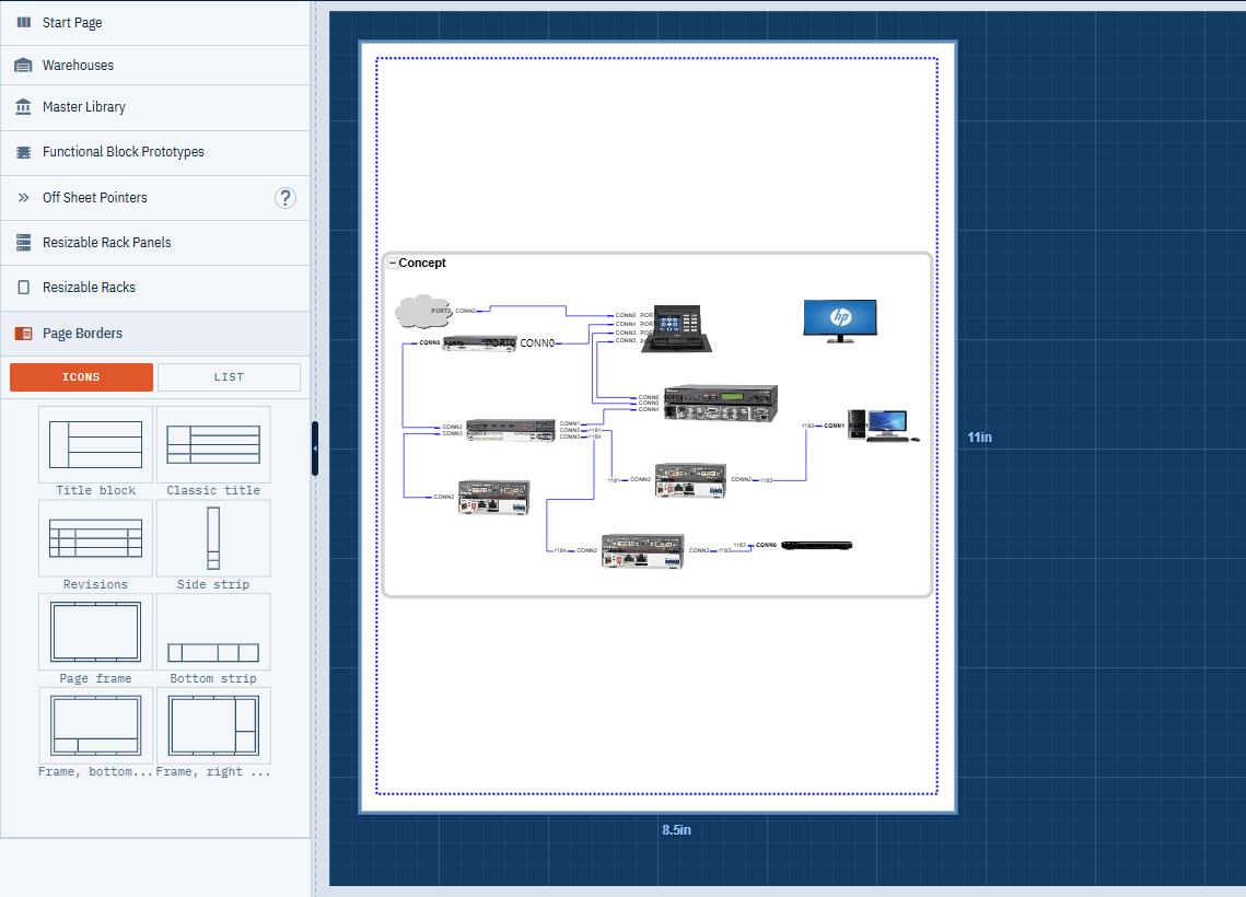 The Page Borders list expanded in the left pane with a page border placed on the drawing