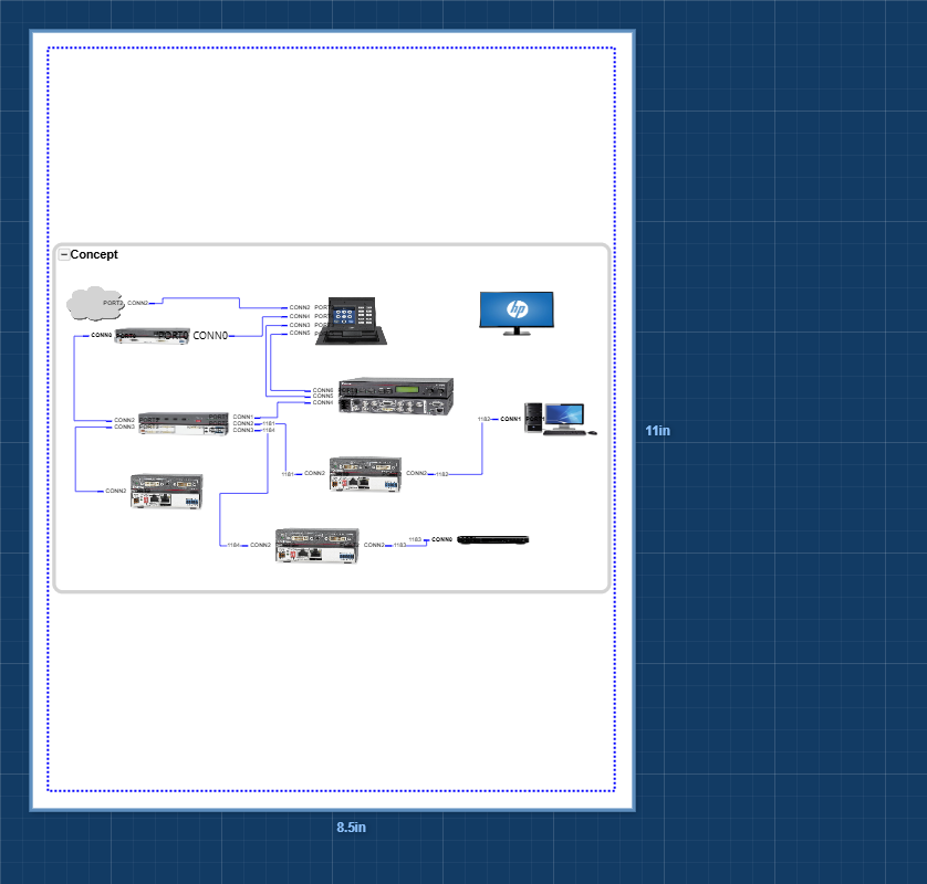 A drawing page with its size labels, the blue dashed margin rectangle and the grid showing