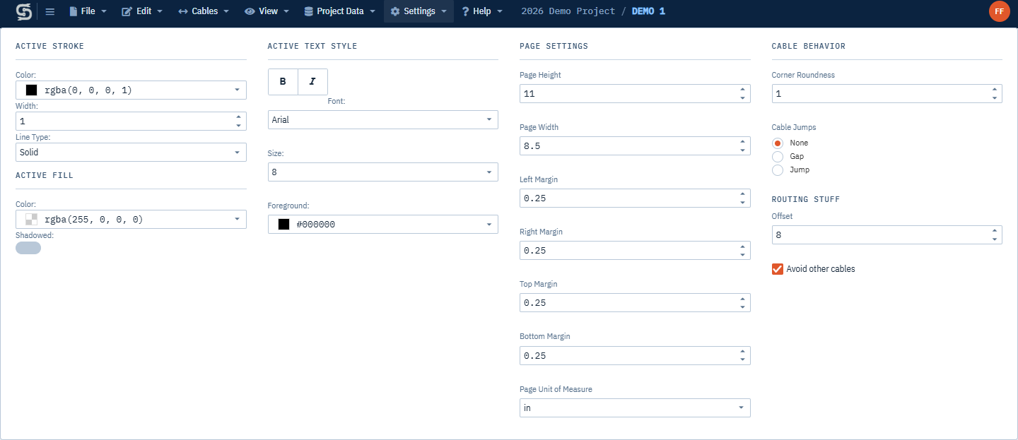 The Settings menu open over a drawing, showing Active Stroke, Active Fill, Active Text Style, Page Settings and Cable Behavior