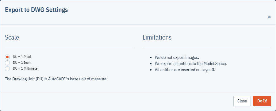 The Export to DWG Settings dialog with the Scale options and the Limitations list