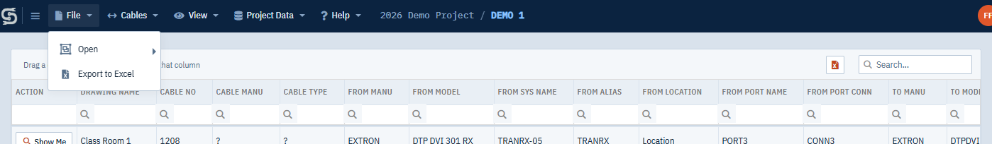 The Cables grid open with the File menu showing Export to Excel