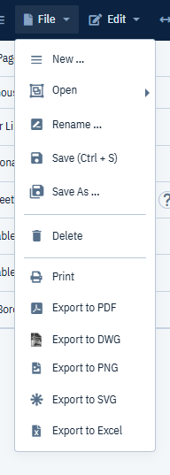The File menu in an open drawing, showing Print, Export to PDF, Export to DWG, Export to PNG and Export to SVG