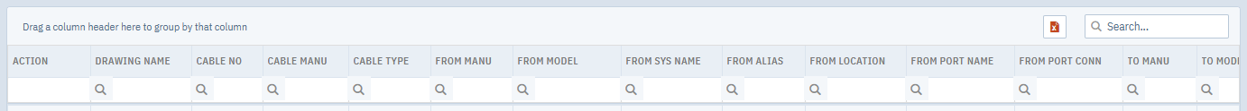 The Cables grid with the group panel, search box, export button and filter row labelled