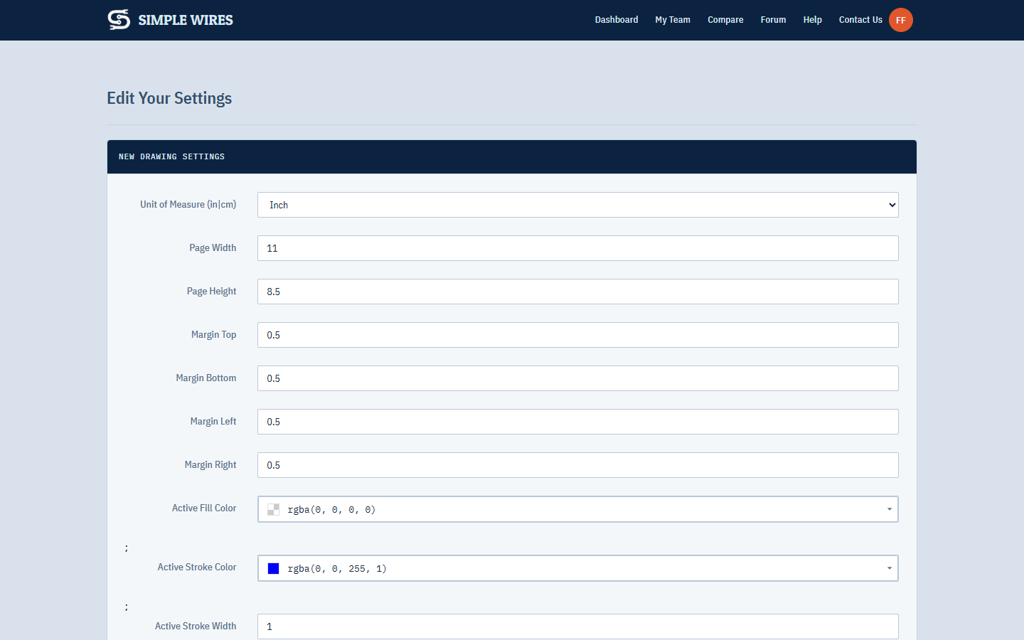 The Edit Your Settings page with the New Drawing Settings panel