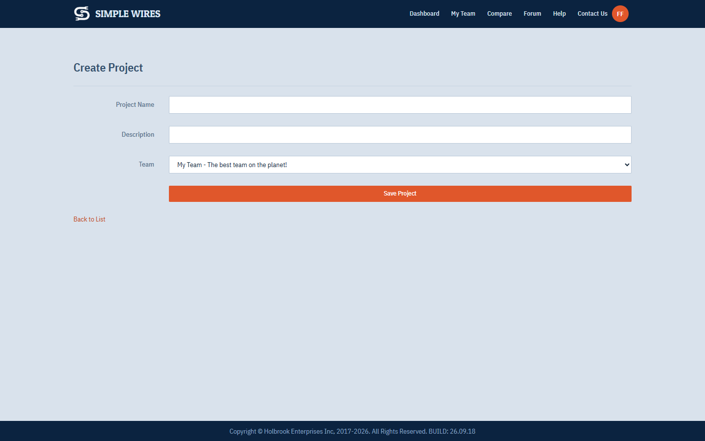 The Create Project form