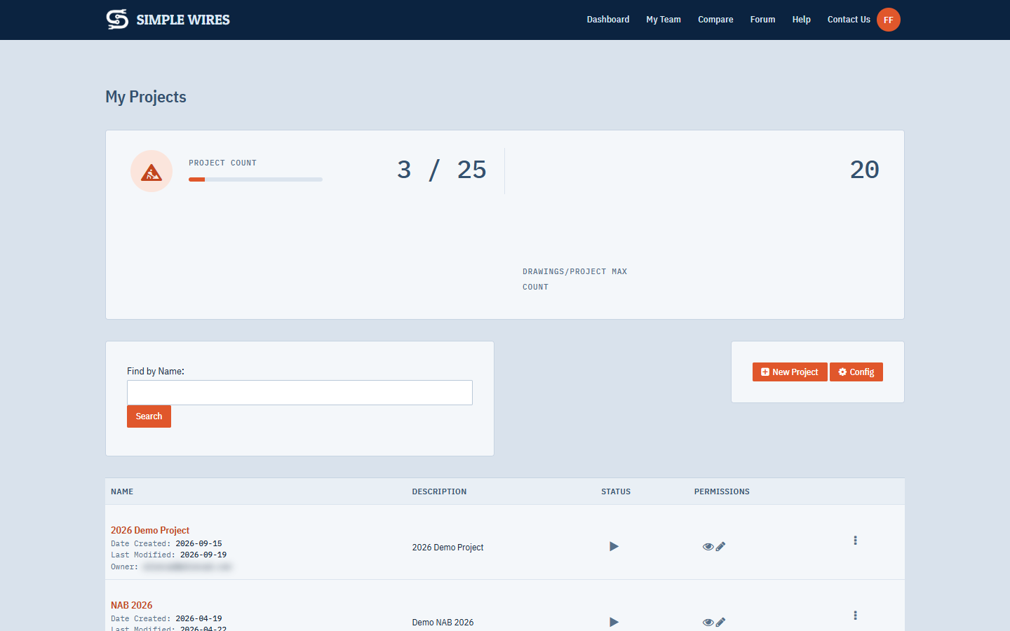 The Projects Dashboard with the project counters, search box and project list