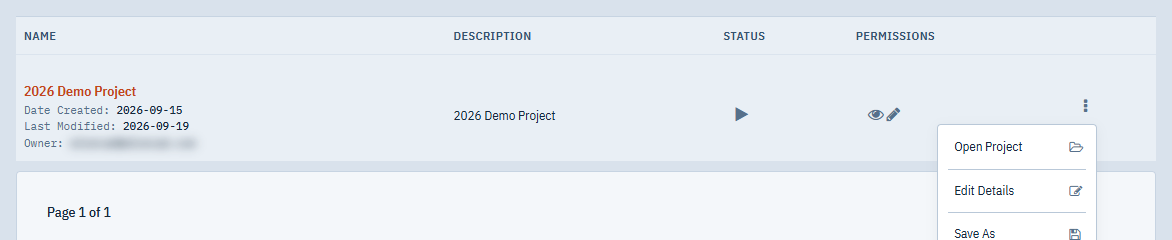 The row menu of a project open, showing Open Project, Edit Details, Save As, Delete, Sharing Tools and Archive Project