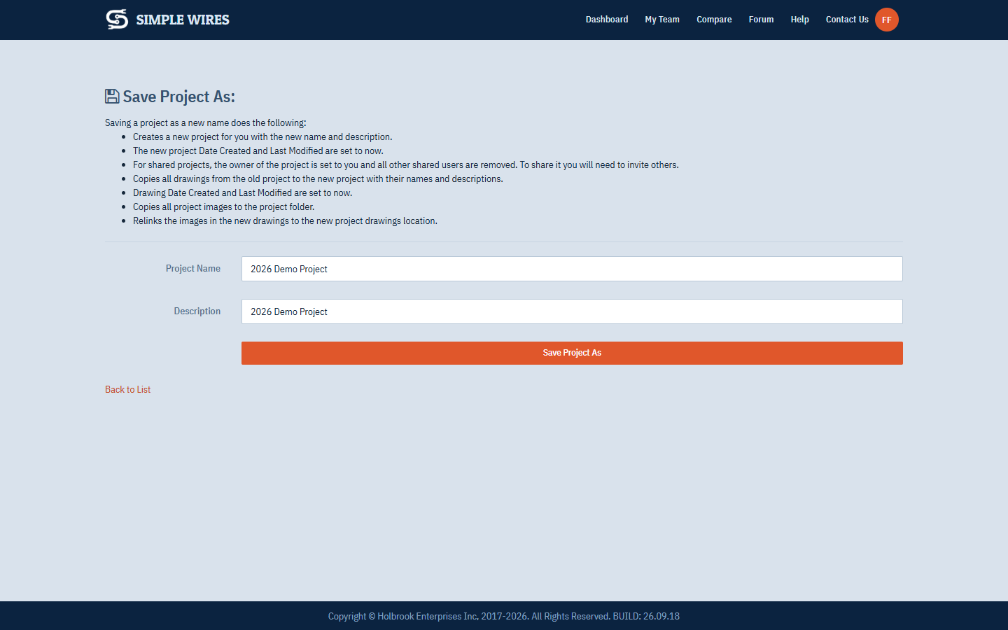 The Save Project As page with its list of what gets copied