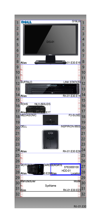 A rack elevation with several rack panels mounted, showing rack unit numbers and panel locations