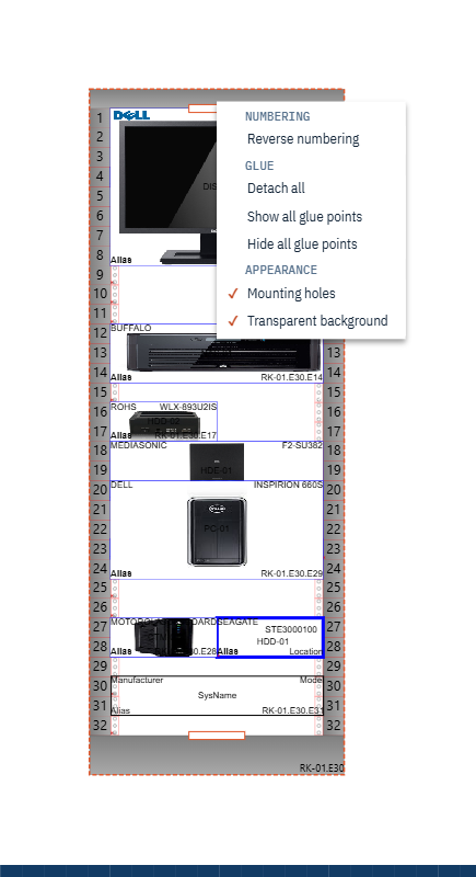 The context menu of a rack with its Numbering, Glue and Appearance headings, and ticks beside Mounting holes and Transparent background