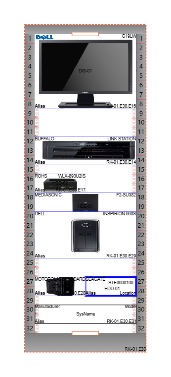 A selected rack with the resize grips on its top and bottom edges