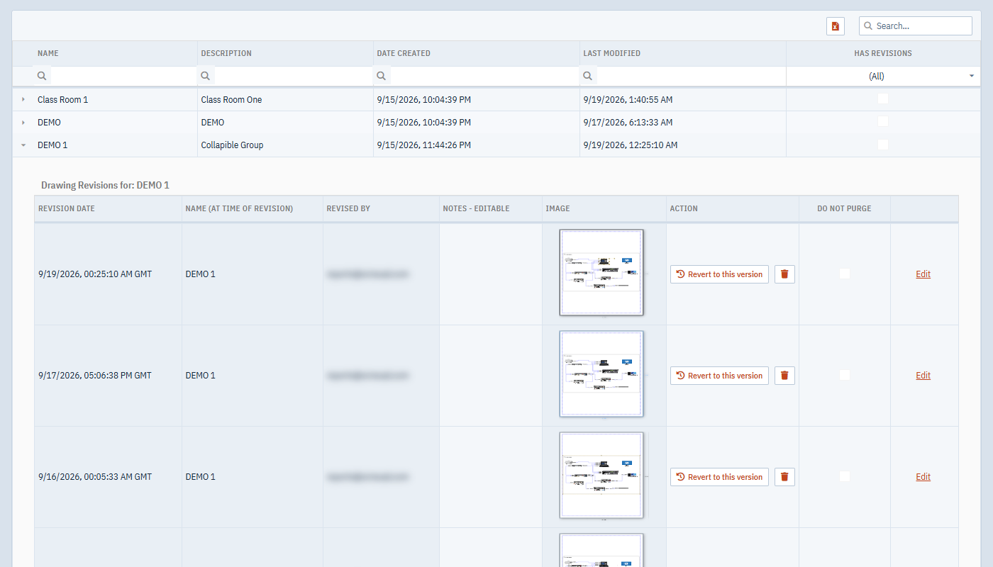 A drawing row expanded to show its revisions with previews, notes and the Revert to this version button