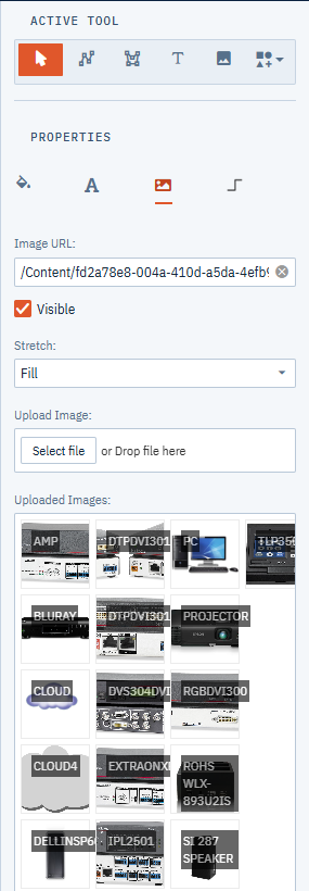 The Image tab with an uploaded logo selected under Uploaded Images and Stretch set to Uniform