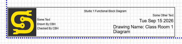 A page border title block placed on the page with a logo, title and Drawn By and Checked By lines