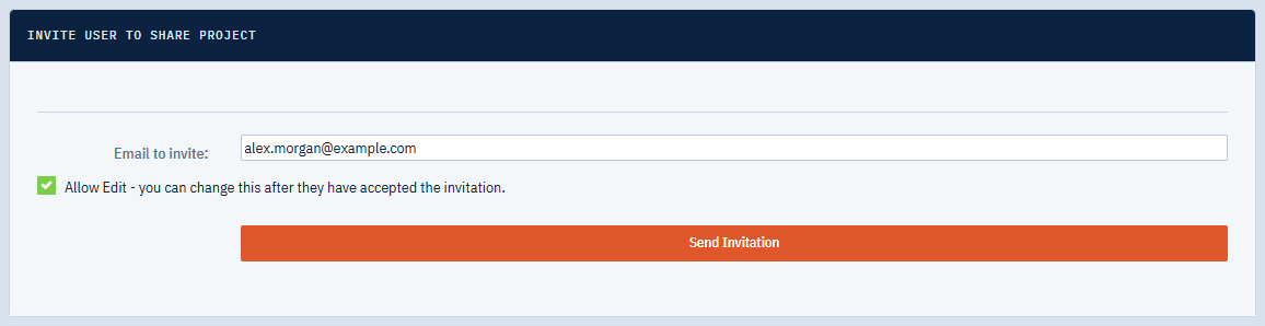 The Invite User to Share Project panel with an email address entered and Allow Edit selected
