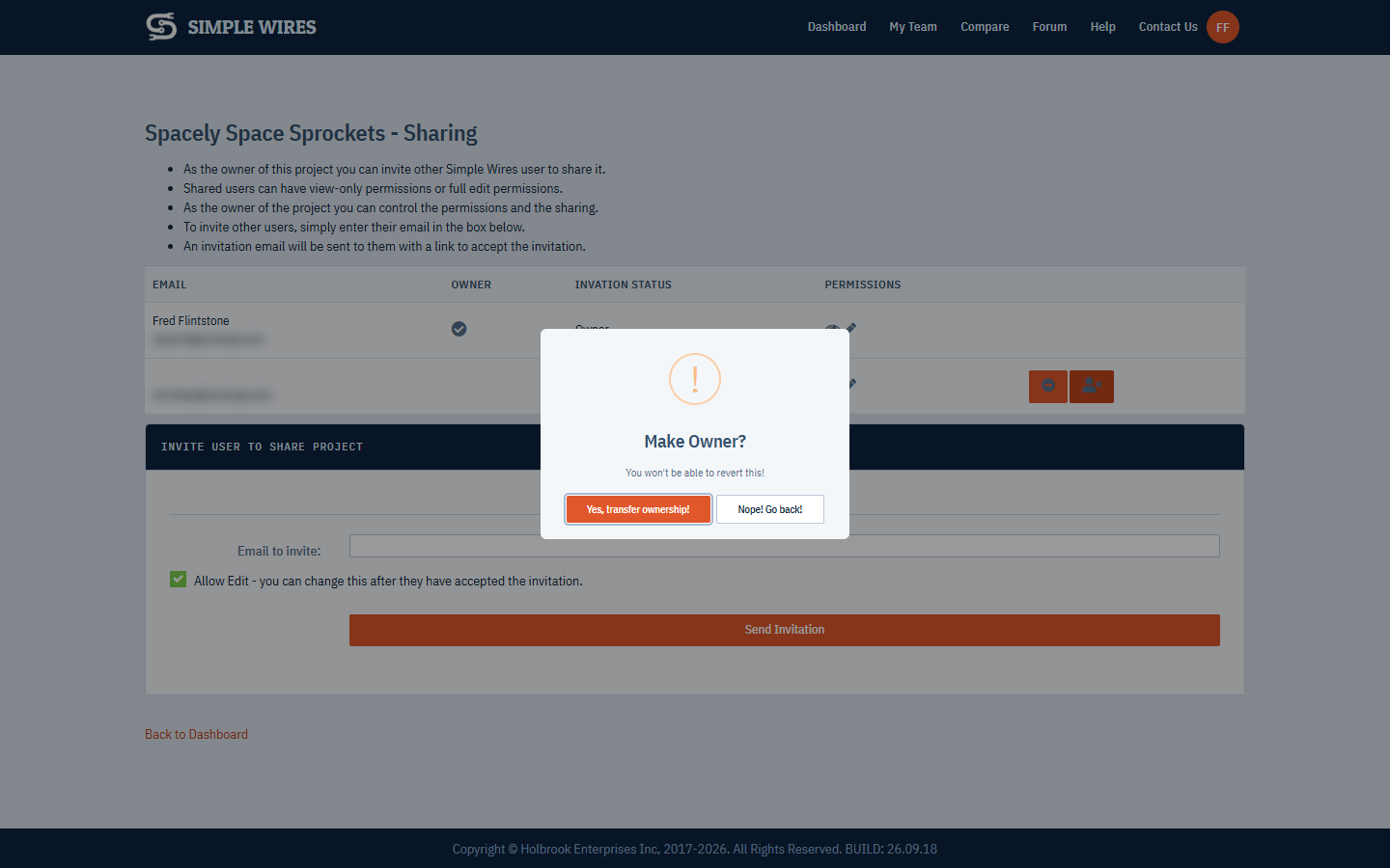 The Make Owner confirmation dialog on the Sharing Tools page