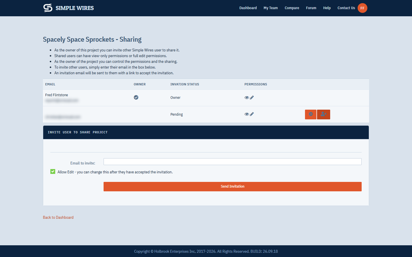 The Sharing Tools page for a project shared with two people, one pending and one accepted