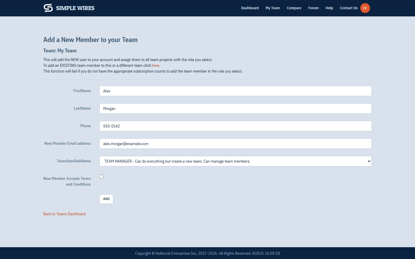 The Add a New Member to your Team form, filled in with a demo name and email