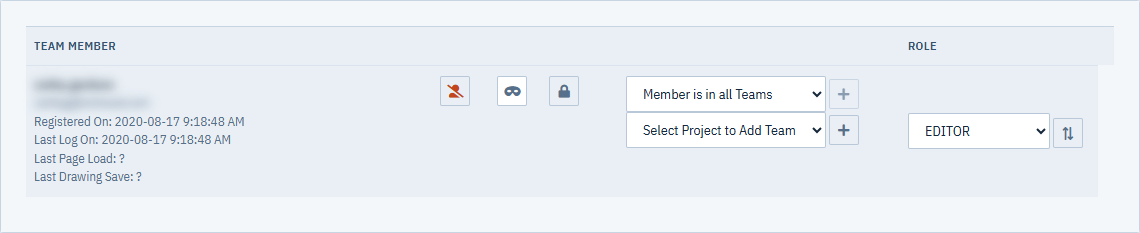 The Members tab with the add-to-team, add-to-project and role lists for one member