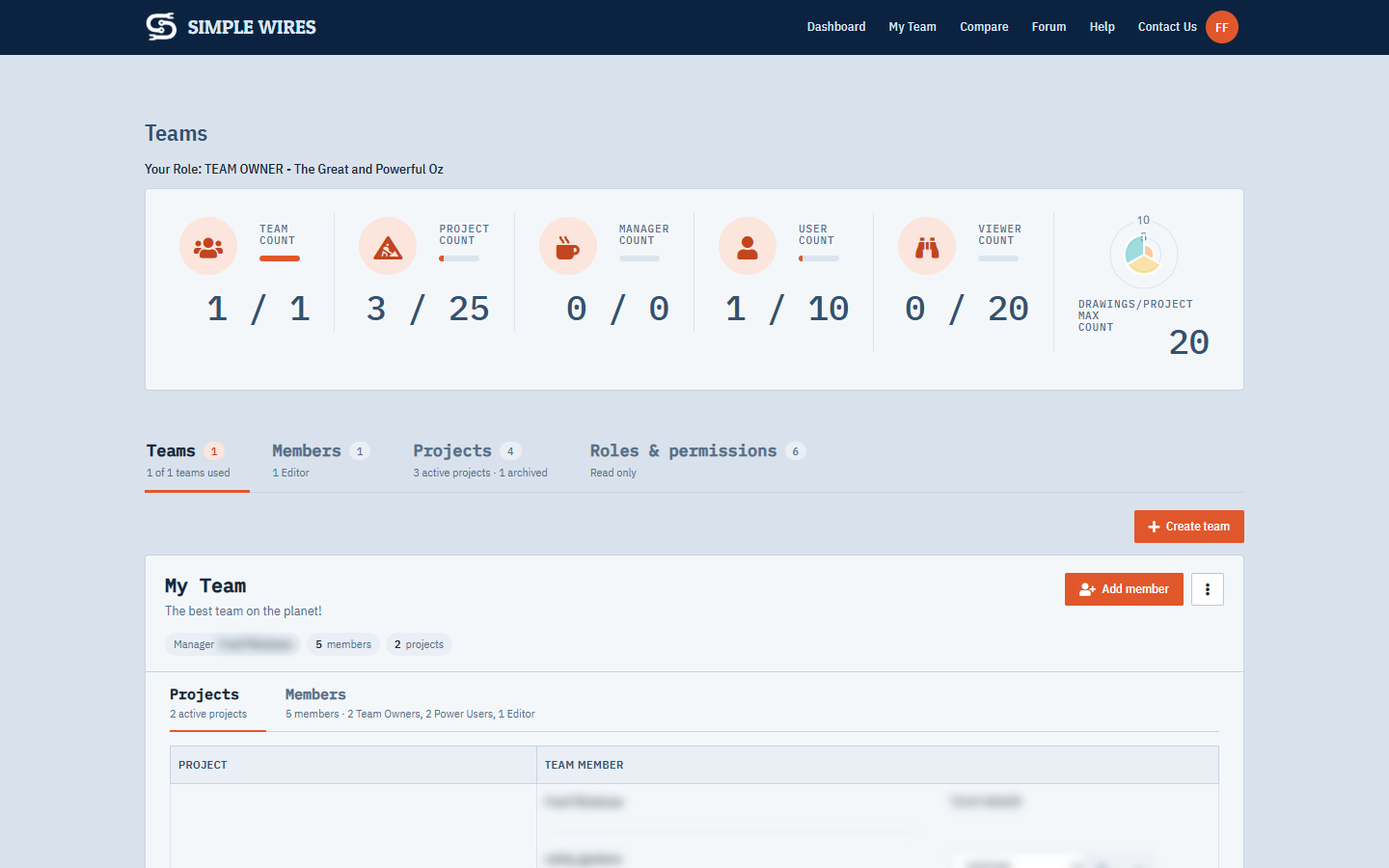 The My Team page for a team owner, with the counters above the Teams, Members, Projects and Roles and permissions tabs