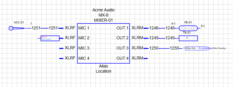 One terminal from each family on a drawing: a jack pair, a single, a microphone, an adapter on a block's port and an off sheet pointer