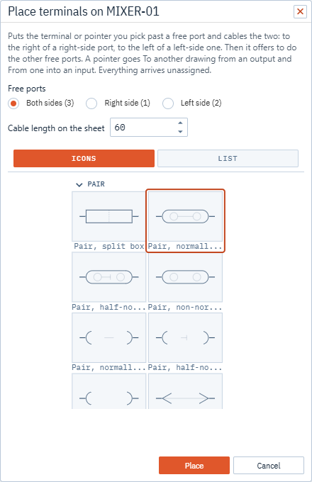 The Place terminals dialog with the terminal palette, the sides choice and the cable length