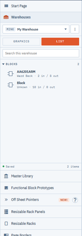 A warehouse in List view, with the search box above the Blocks section listing each saved block with its manufacturer and port counts
